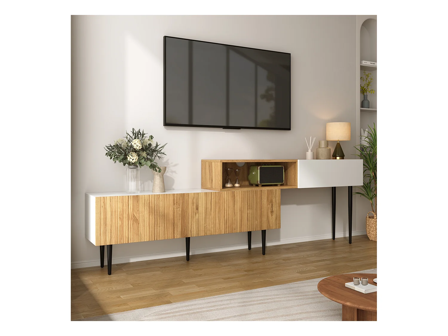 Meuble TV modulable, 2 pièces, réglable en longueur. Aspect bois/blanc, pieds en métal noir, meuble multifonctionnel.