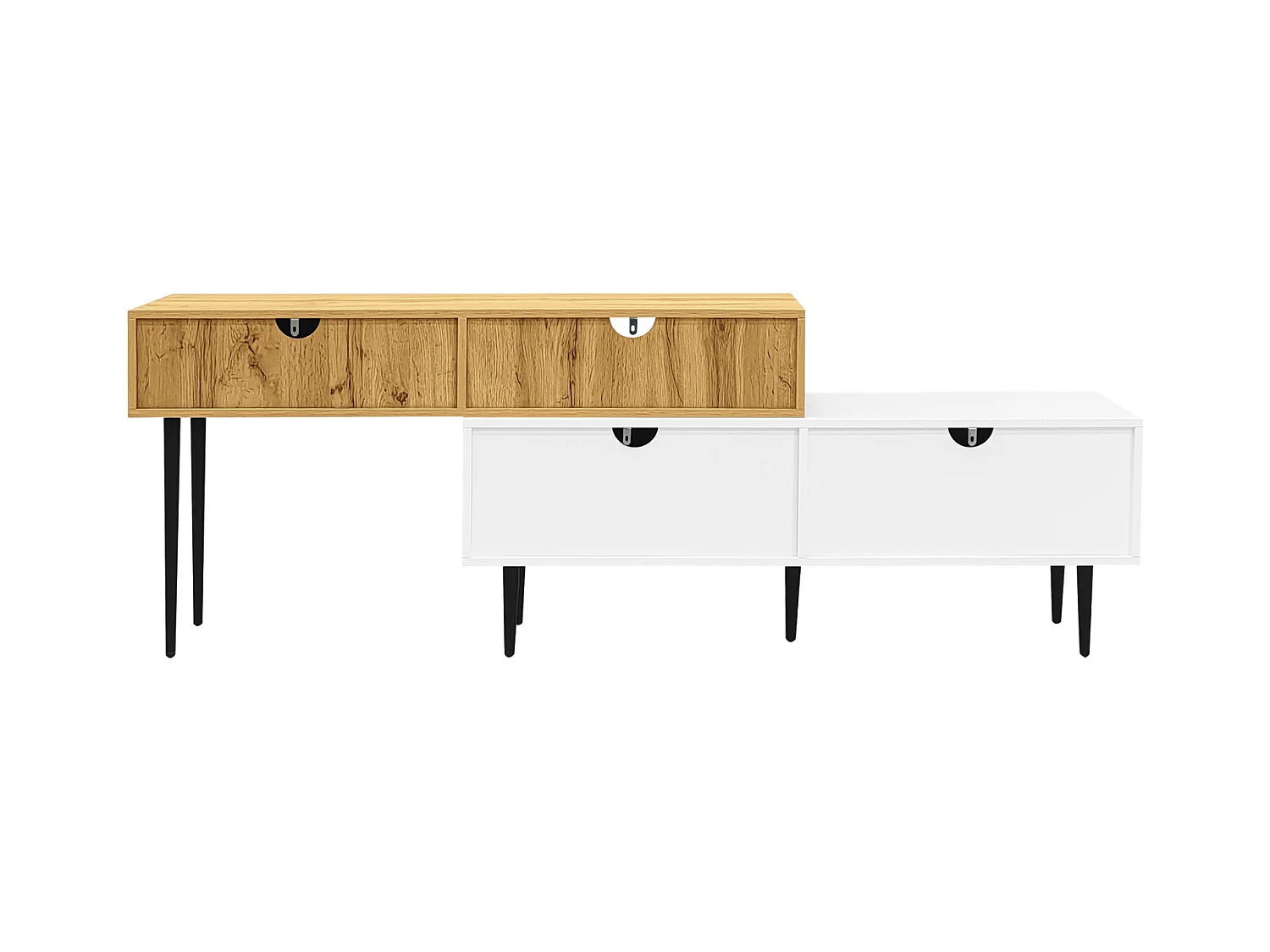 Meuble TV modulable, 2 pièces, réglable en longueur. Aspect bois/blanc, pieds en métal noir, meuble multifonctionnel.