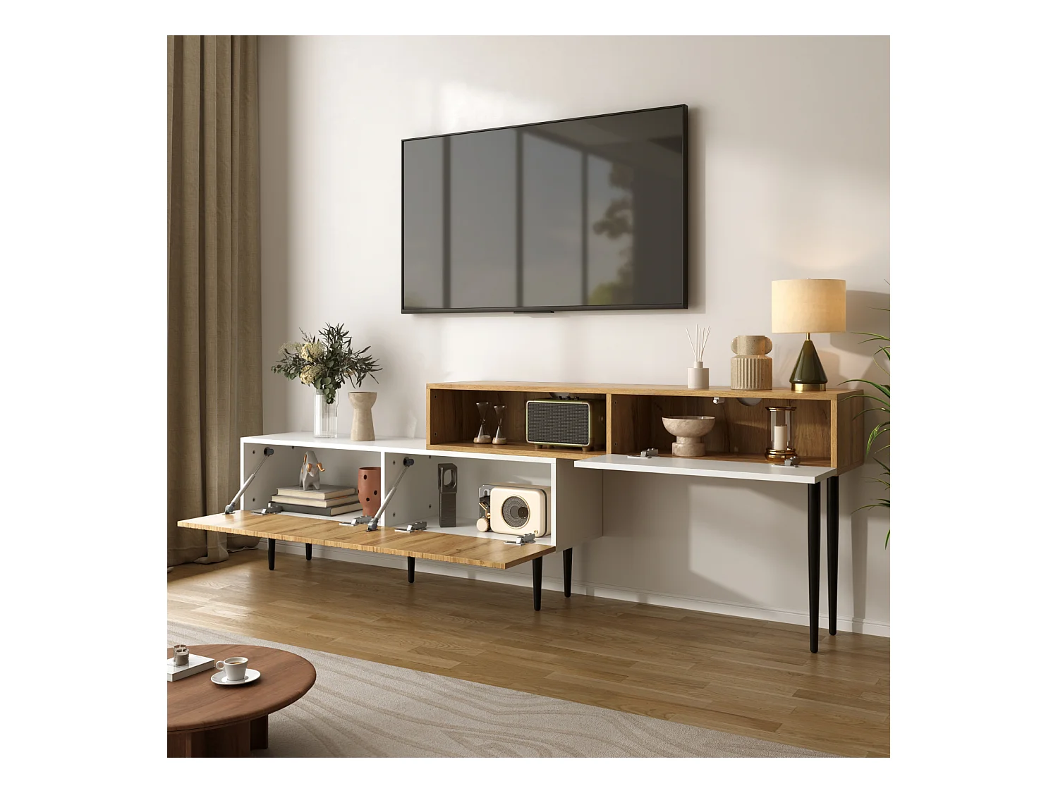 Modularer TV-Schrank, 2-teilig, Länge verstellbar. Holzoptik/Weiß, schwarze Metallbeine, multifunktionales Möbel.