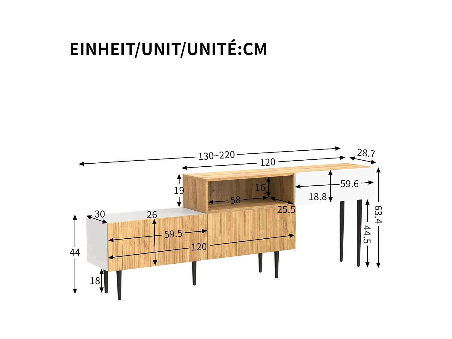 Modularer TV-Schrank, 2-teilig, Länge verstellbar. Holzoptik/Weiß, schwarze Metallbeine, multifunktionales Möbel.