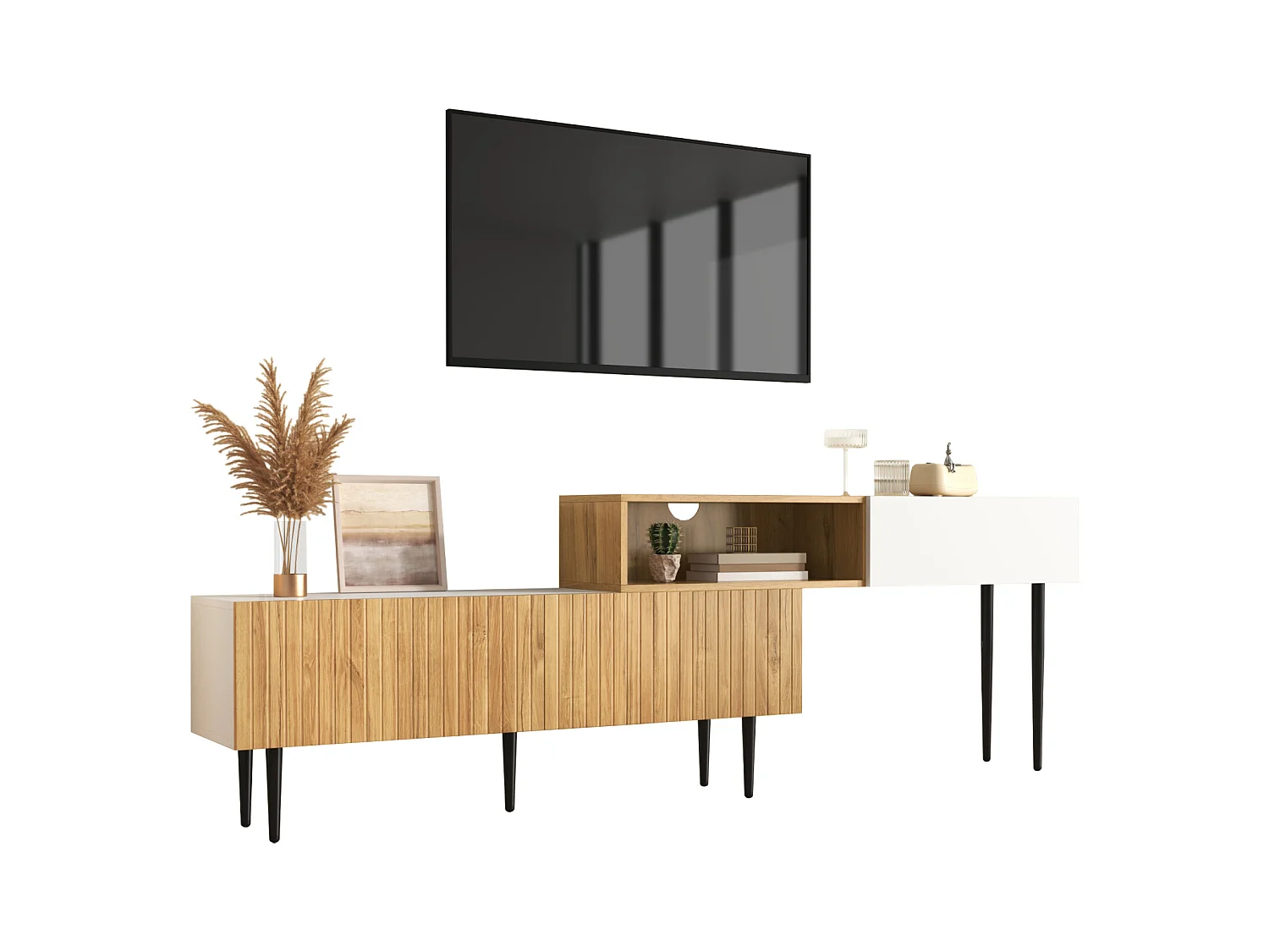 Modularer TV-Schrank, 2-teilig, Länge verstellbar. Holzoptik/Weiß, schwarze Metallbeine, multifunktionales Möbel.