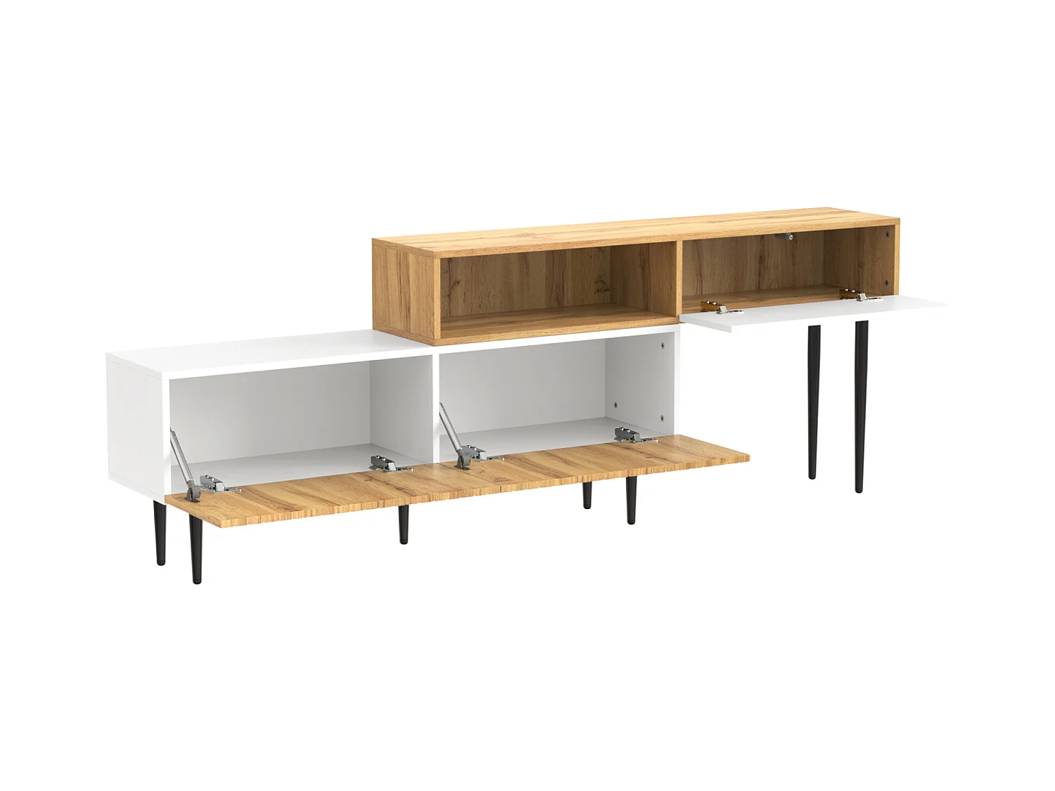 Modularer TV-Schrank, 2-teilig, Länge verstellbar. Holzoptik/Weiß, schwarze Metallbeine, multifunktionales Möbel.