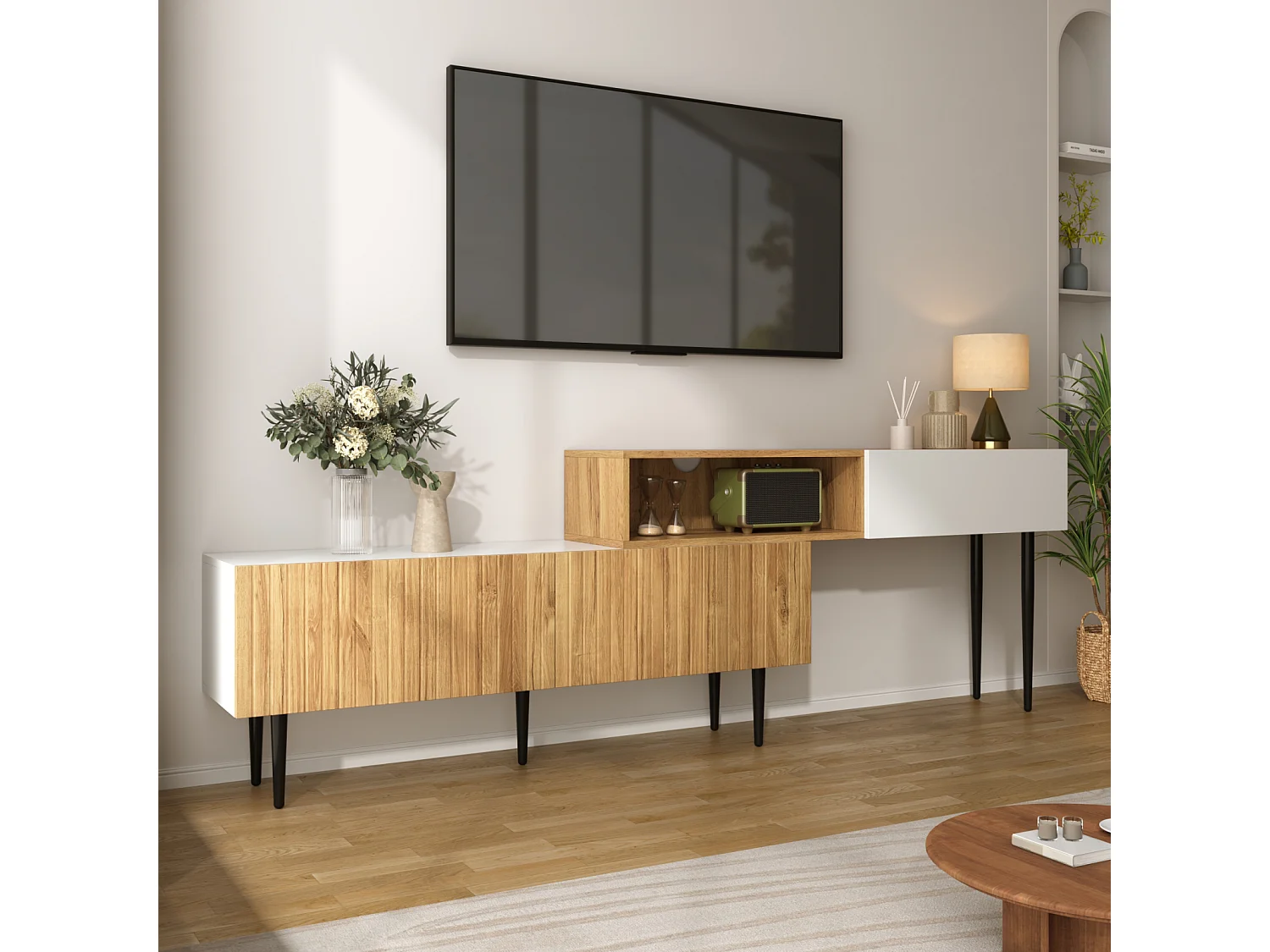 Modulaire tv-kast, 2-delig, in lengte verstelbaar. Houtlook/wit, zwarte metalen poten, multifunctioneel meubel.