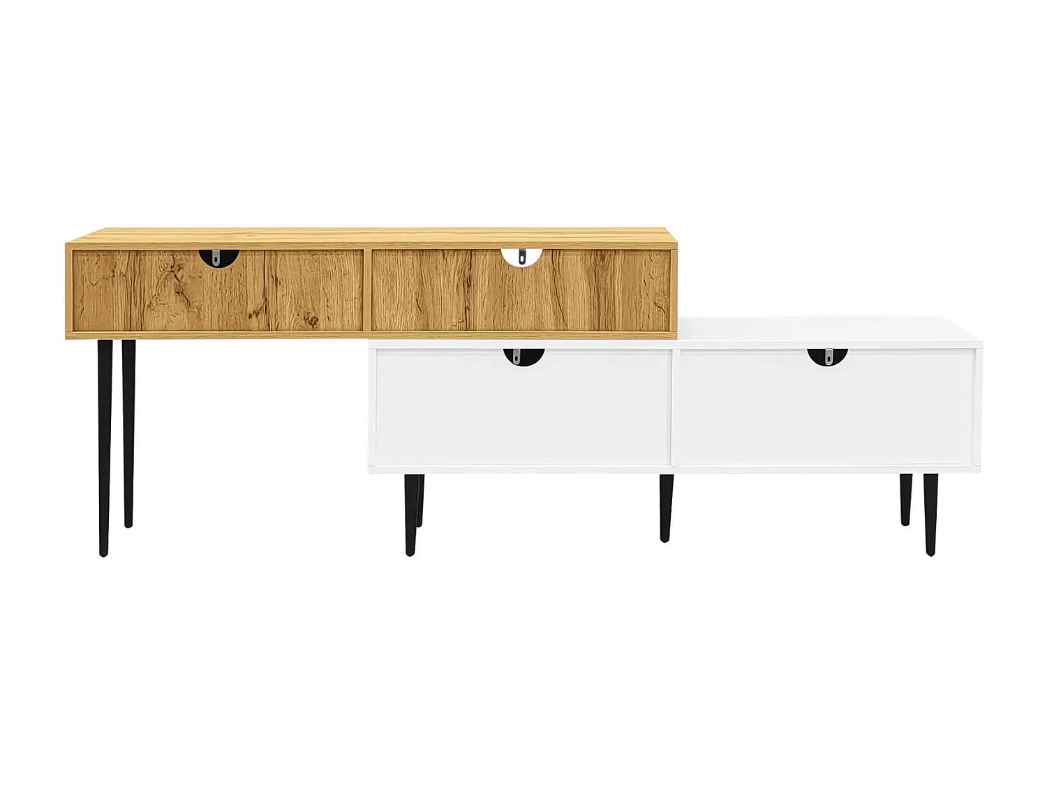 Modulaire tv-kast, 2-delig, in lengte verstelbaar. Houtlook/wit, zwarte metalen poten, multifunctioneel meubel.