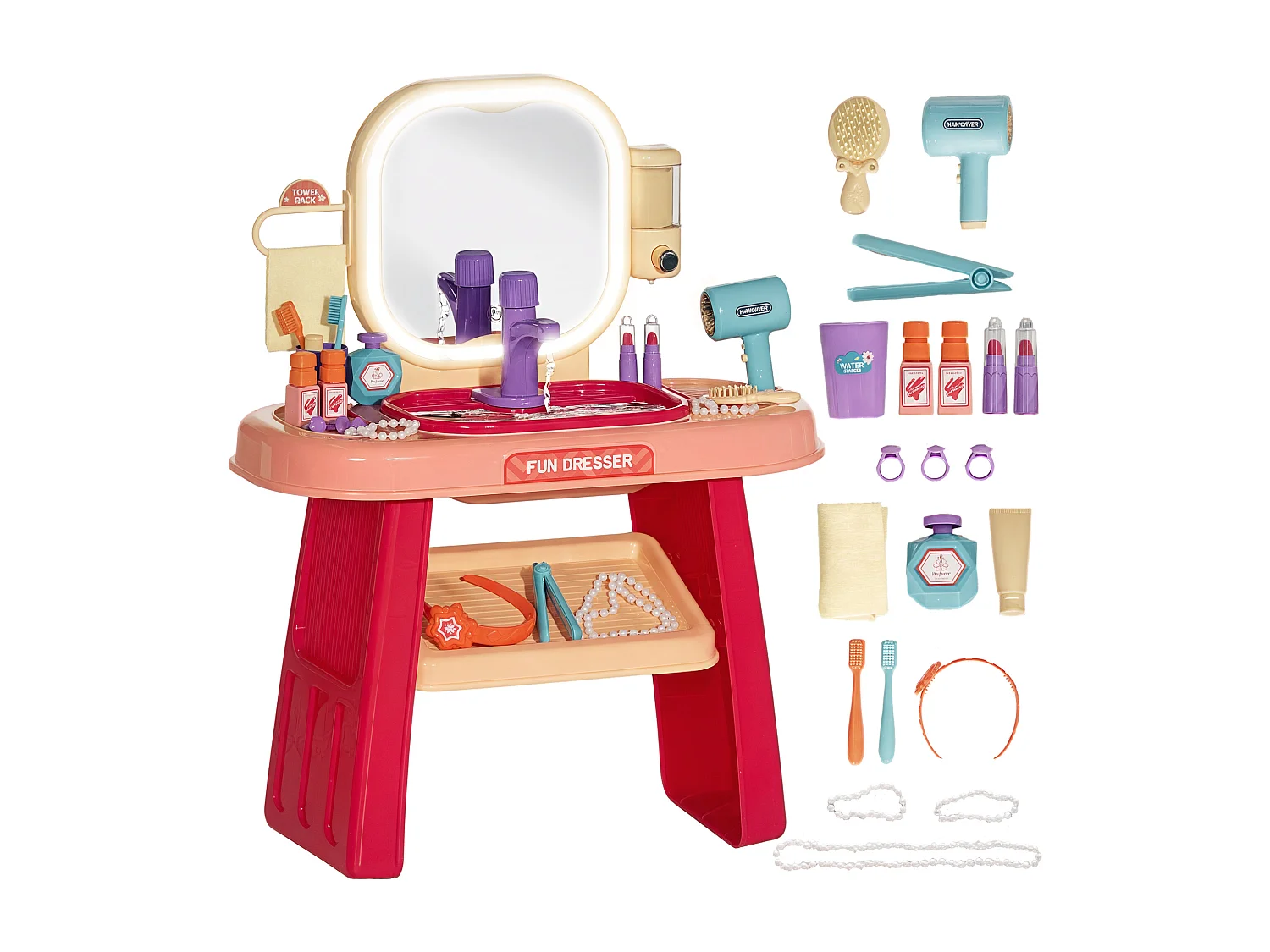 Tavolo toeletta per bambine con specchio in acrilico e rubinetto rosa