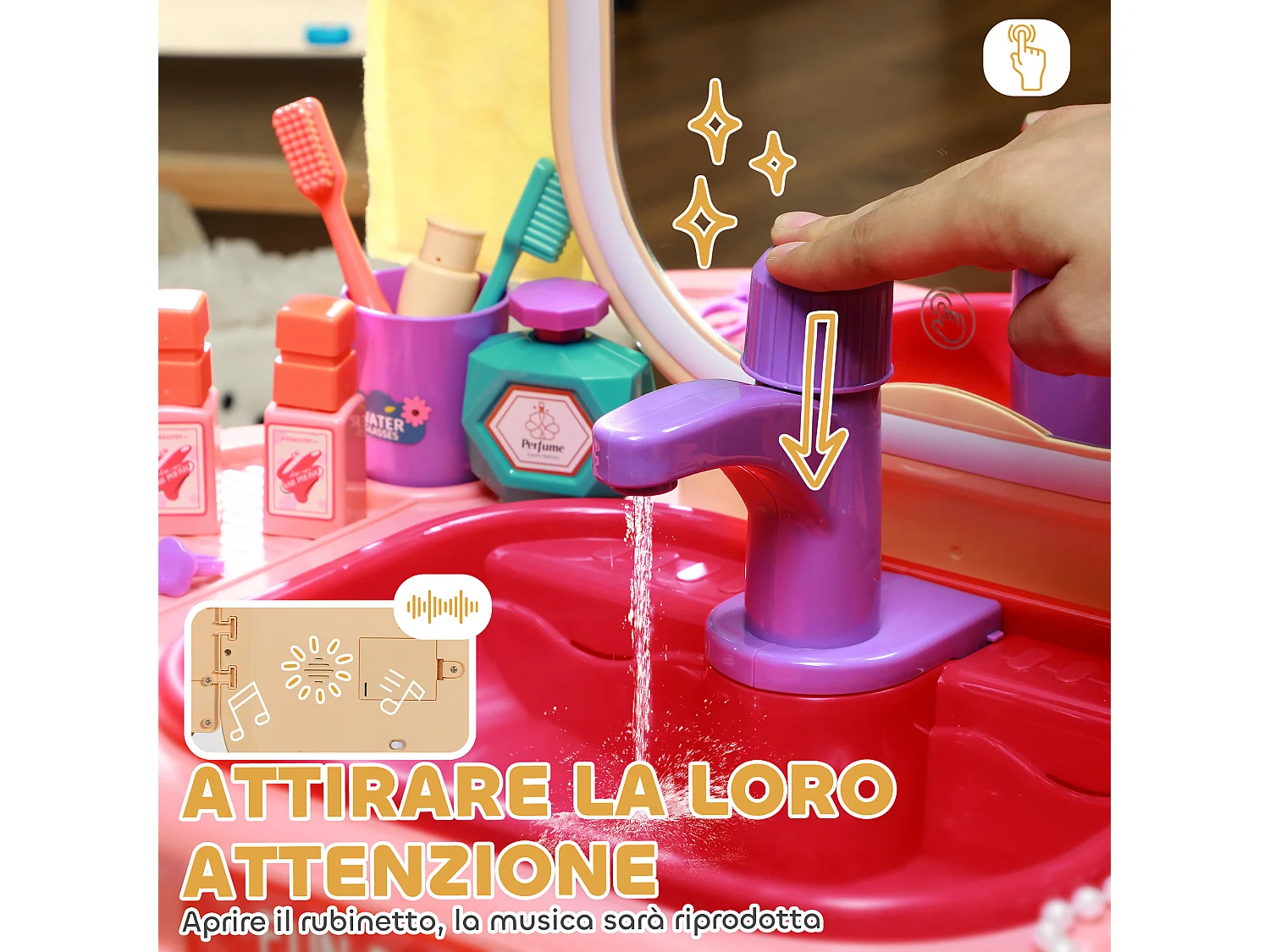 Tavolo toeletta per bambine con specchio in acrilico e rubinetto rosa