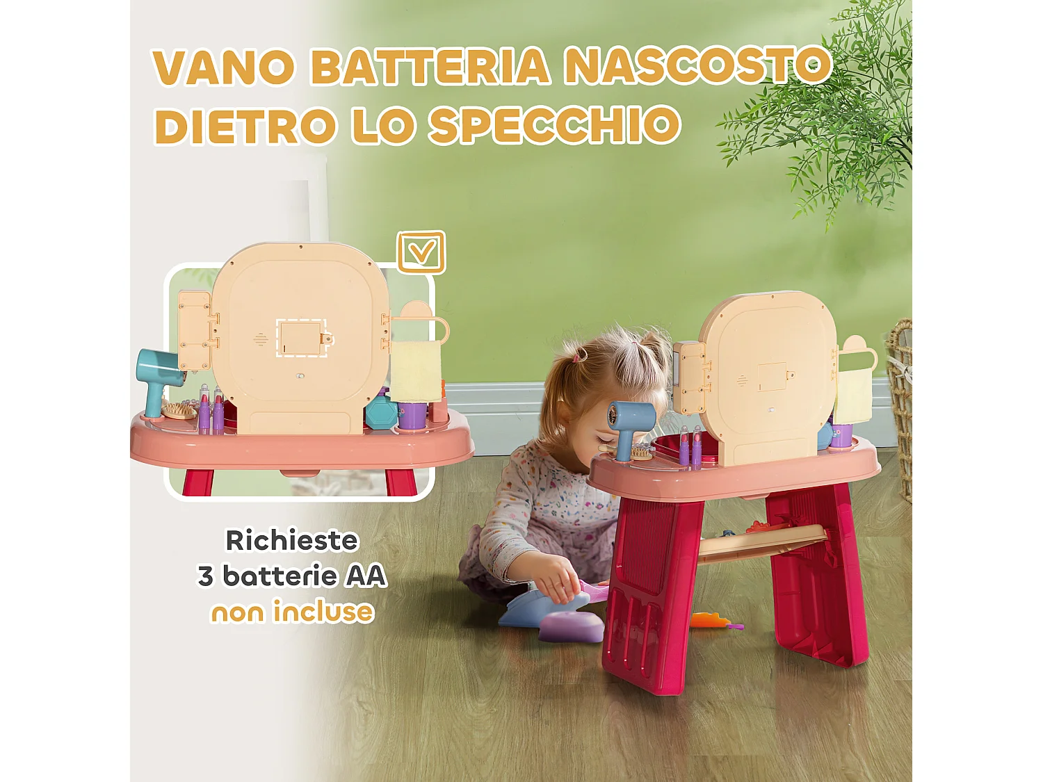 Tavolo toeletta per bambine con specchio in acrilico e rubinetto rosa