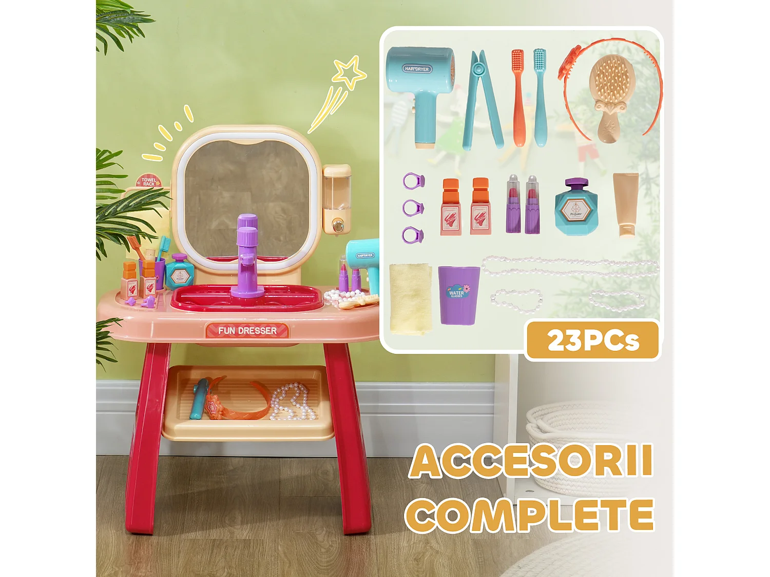 Tavolo toeletta per bambine con specchio in acrilico e rubinetto rosa