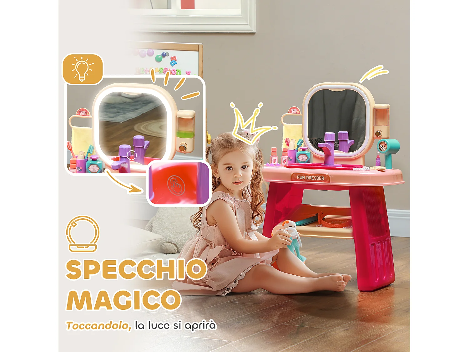 Tavolo toeletta per bambine con specchio in acrilico e rubinetto rosa