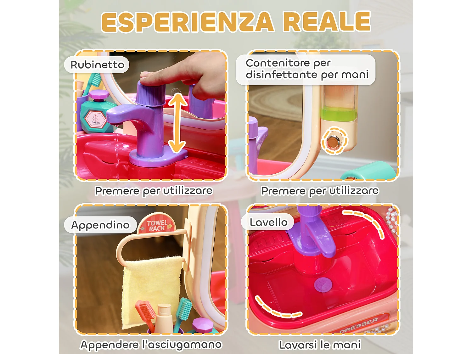 Tavolo toeletta per bambine con specchio in acrilico e rubinetto rosa