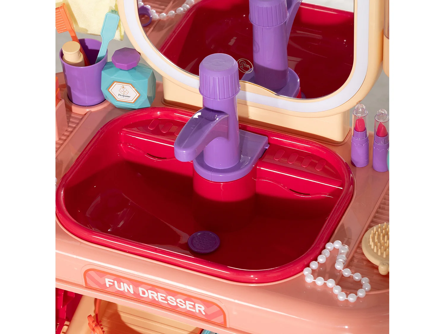 Tavolo toeletta per bambine con specchio in acrilico e rubinetto rosa