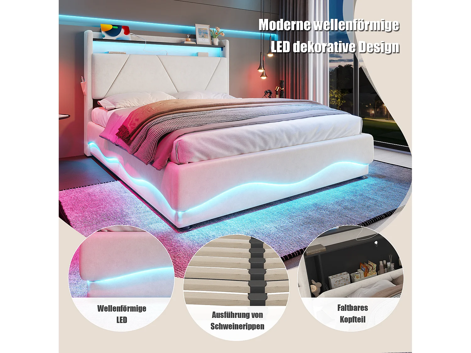 Modern opbergbed 140x200 - met sfeerverlichting, USB-lader en geïntegreerde boxen | Ideaal voor jongeren en volwassenen