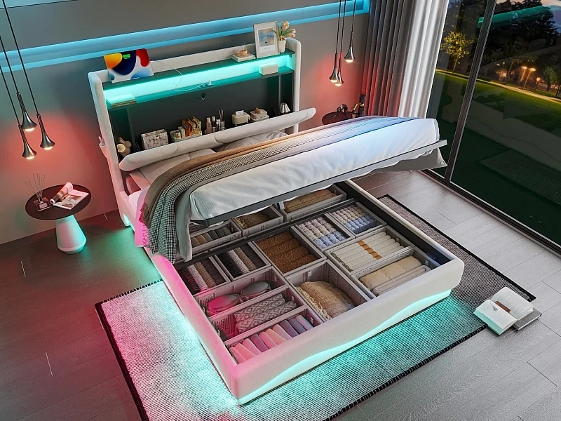 Modern opbergbed 140x200 - met sfeerverlichting, USB-lader en geïntegreerde boxen | Ideaal voor jongeren en volwassenen