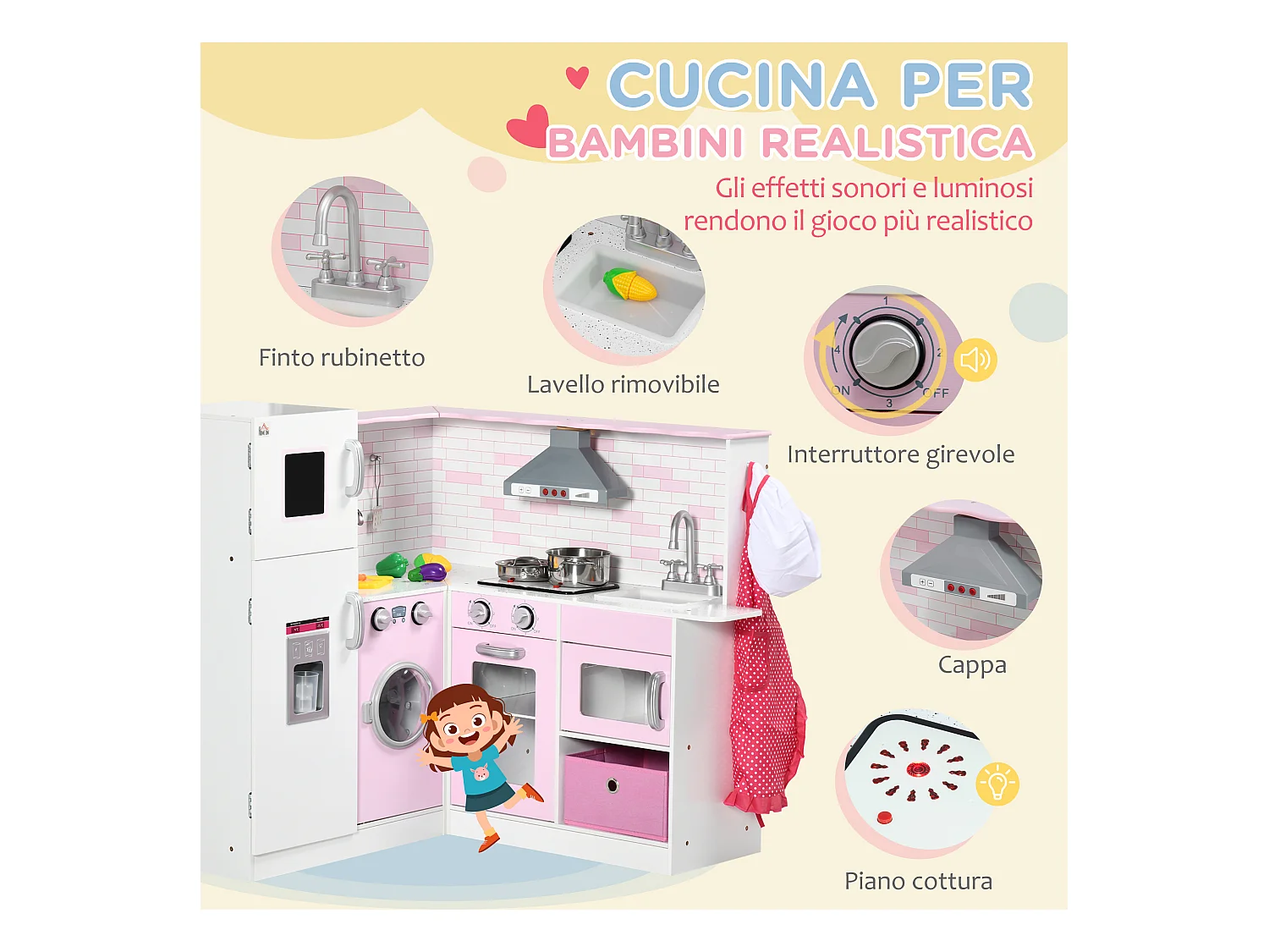 Cucina giocattolo per bambini 3-6 anni con musica e utensili rosa