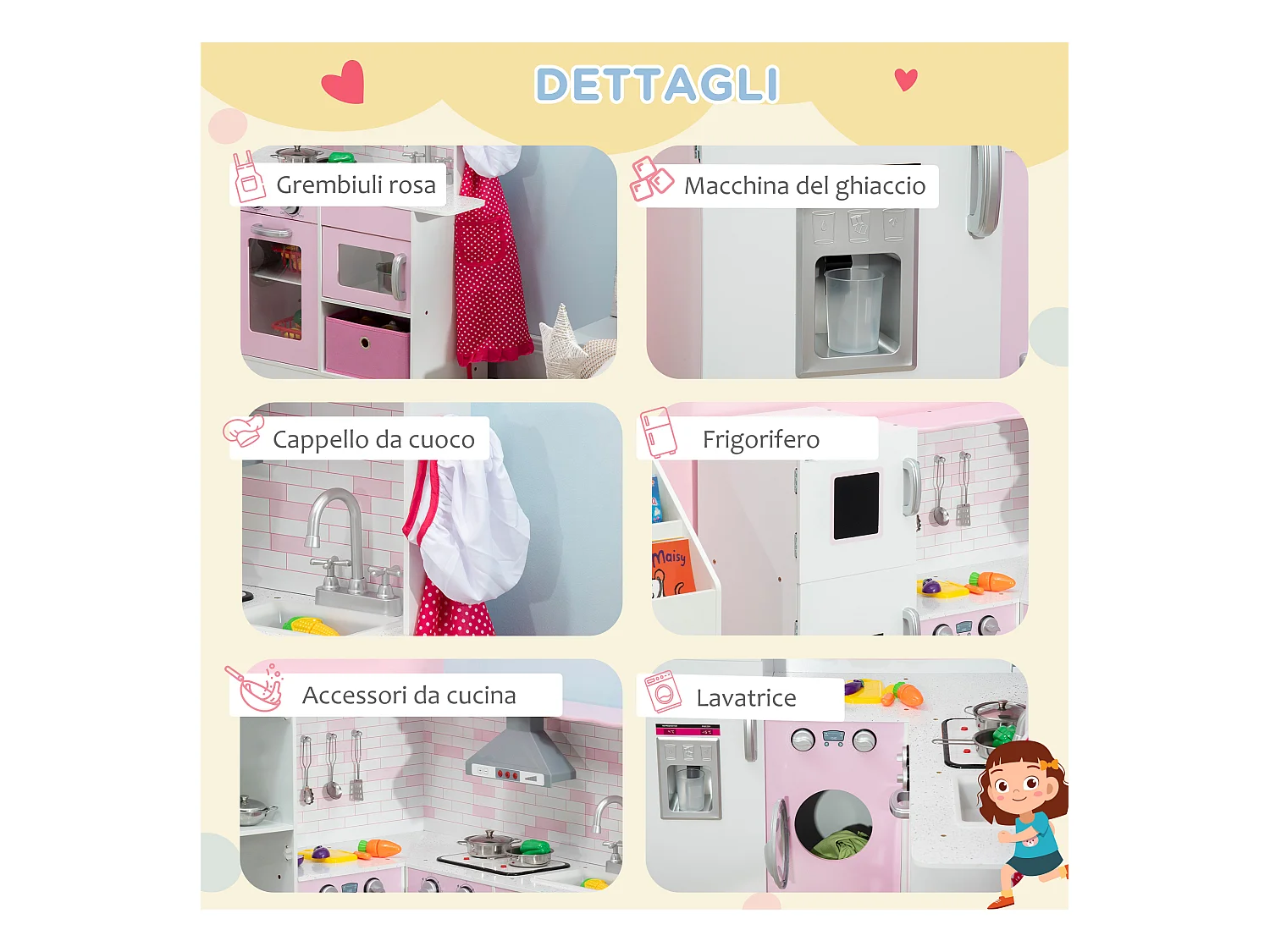 Cucina giocattolo per bambini 3-6 anni con musica e utensili rosa