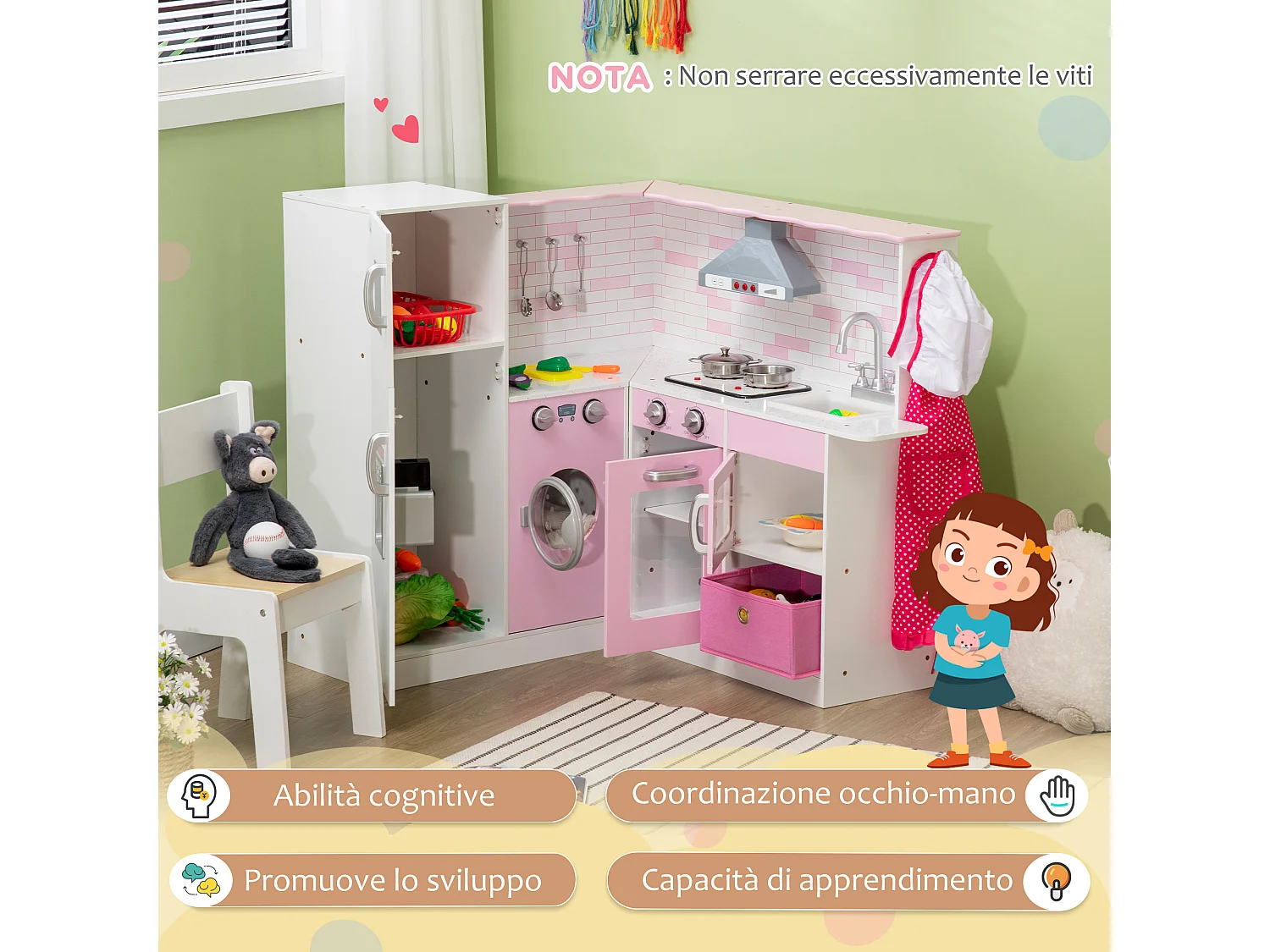 Cucina giocattolo per bambini 3-6 anni con musica e utensili rosa