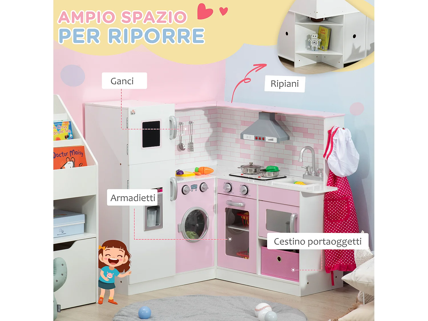 Cucina giocattolo per bambini 3-6 anni con musica e utensili rosa