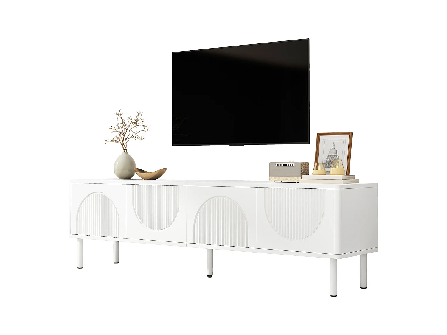 Meuble TV bas 180 cm, finition mate avec passe-câbles. Design minimaliste pour le salon, la chambre ou l'entrée.