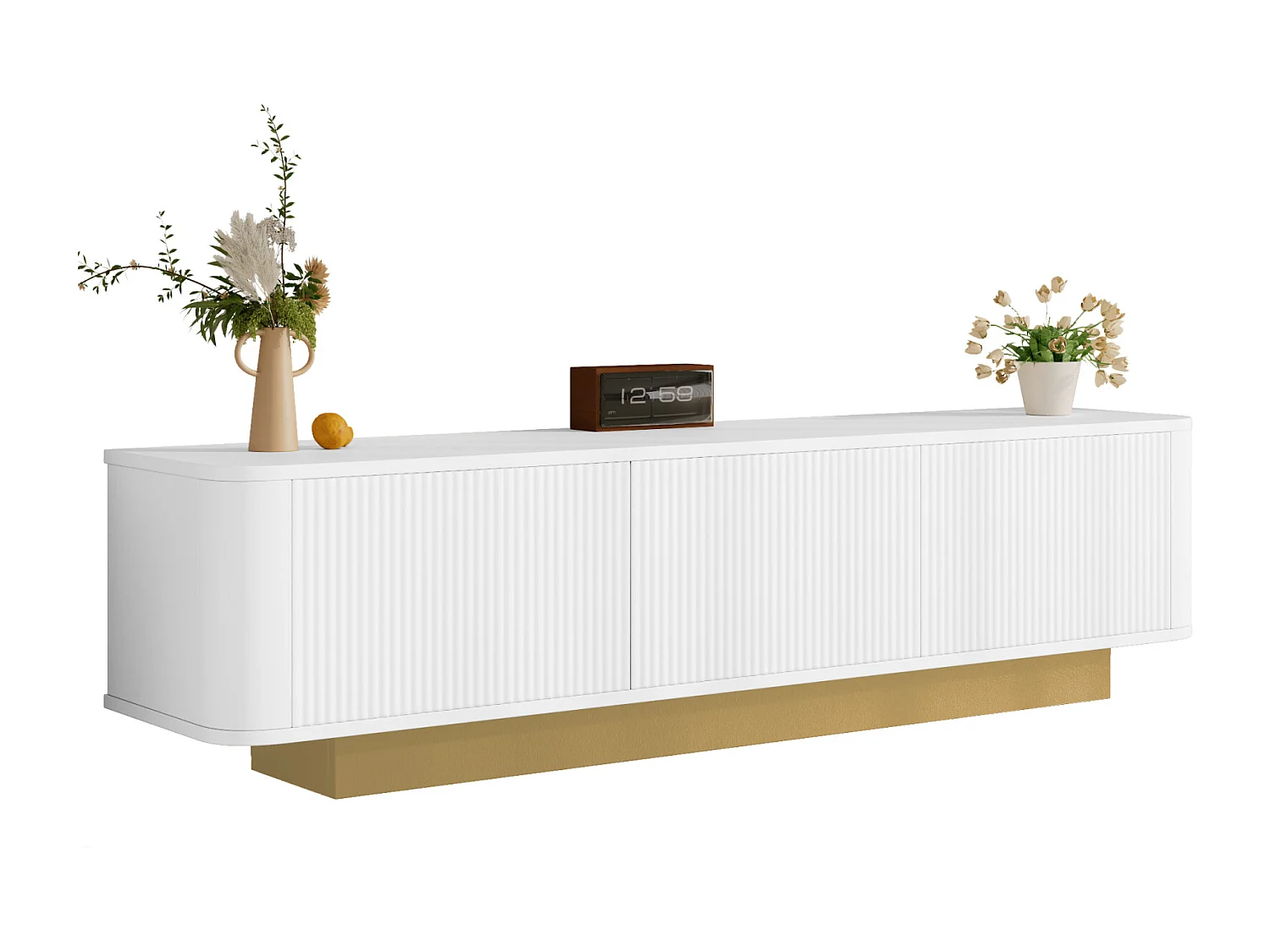 Mueble bajo para TV moderno con diseño redondeado y frente blanco texturizado. Consola multimedia de MDF con práctico espacio de almacenamiento.