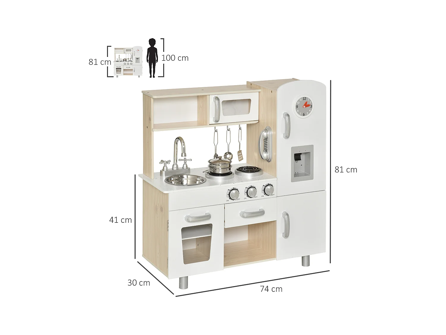 Cucina giocattolo in legno per bambini con utensili in acciaio