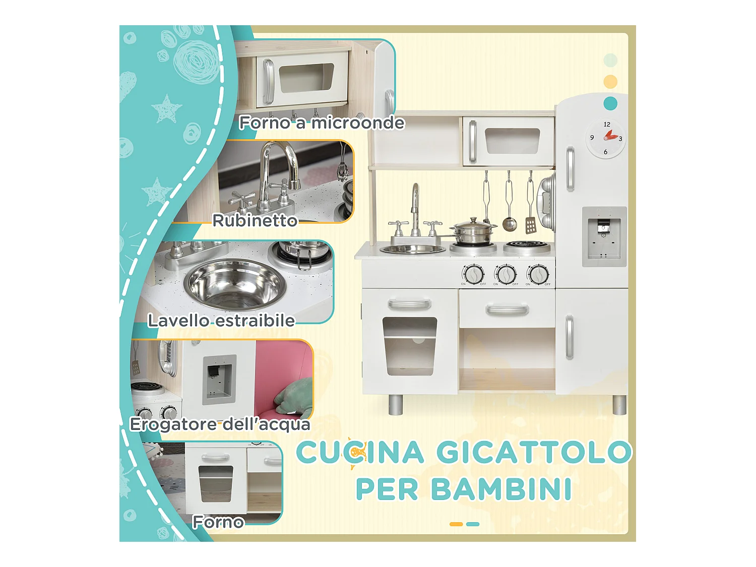 Cucina giocattolo in legno per bambini con utensili in acciaio