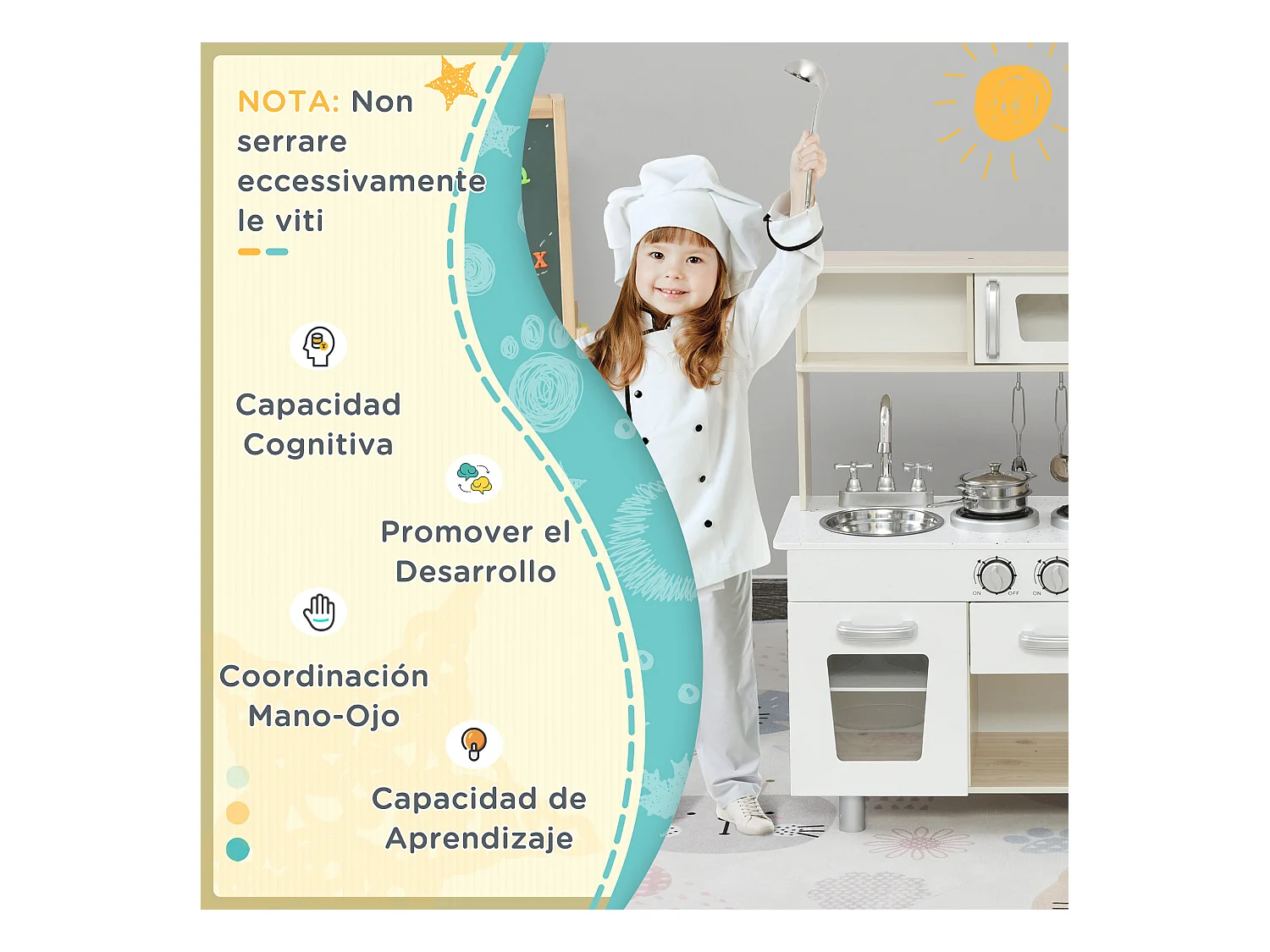 Cucina giocattolo in legno per bambini con utensili in acciaio