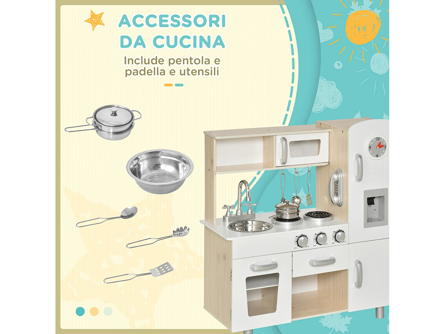 Cucina giocattolo in legno per bambini con utensili in acciaio