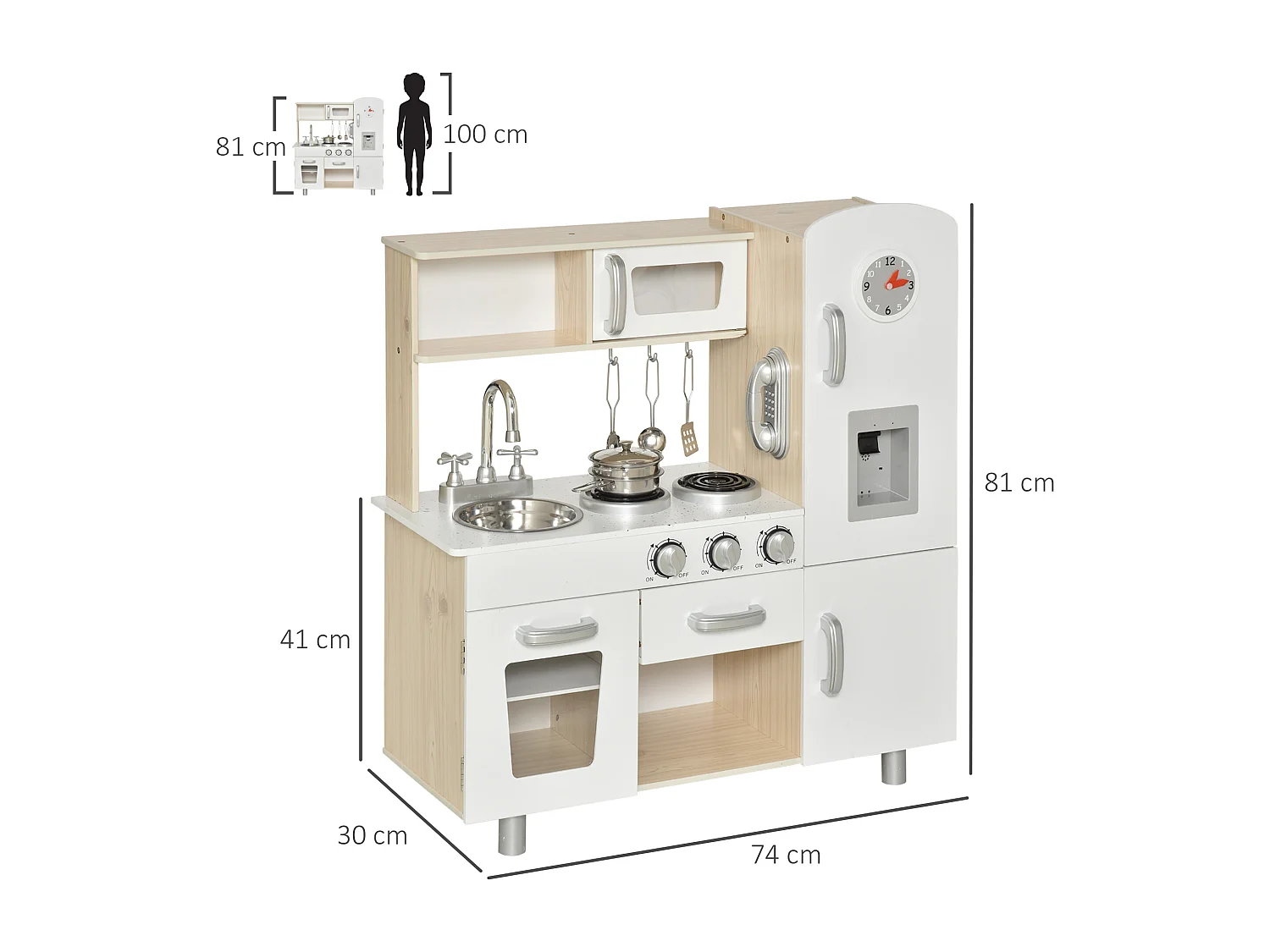 Cucina giocattolo in legno per bambini con utensili in acciaio