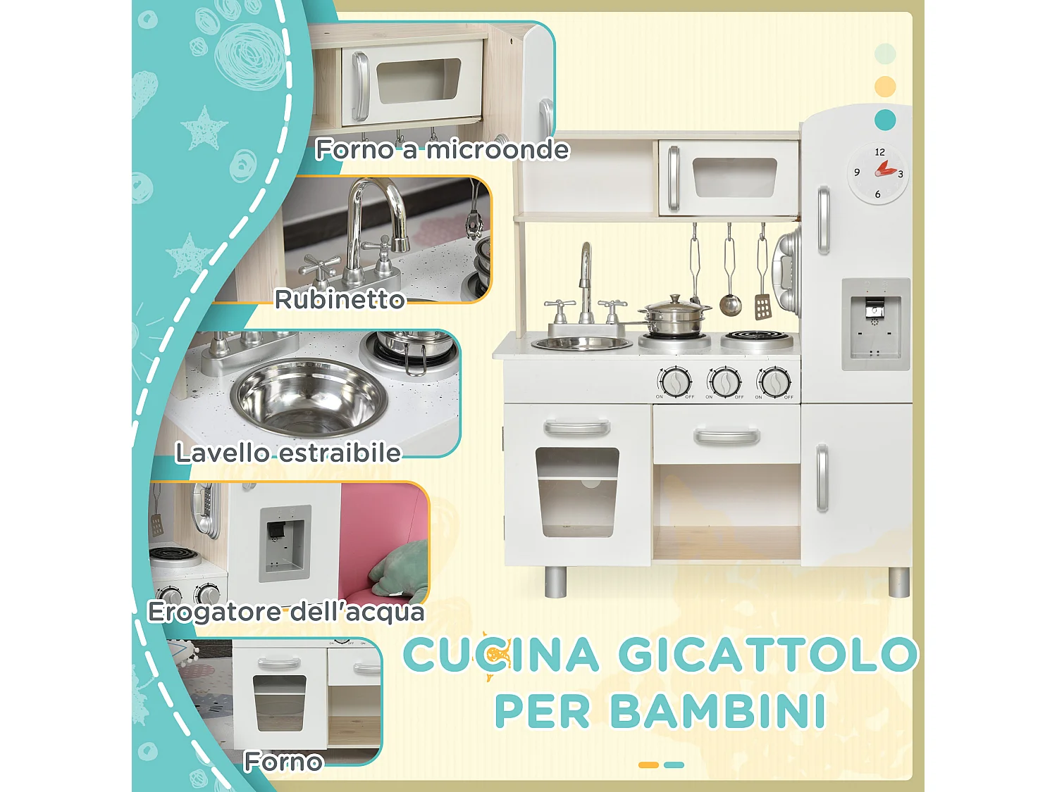 Cucina giocattolo in legno per bambini con utensili in acciaio