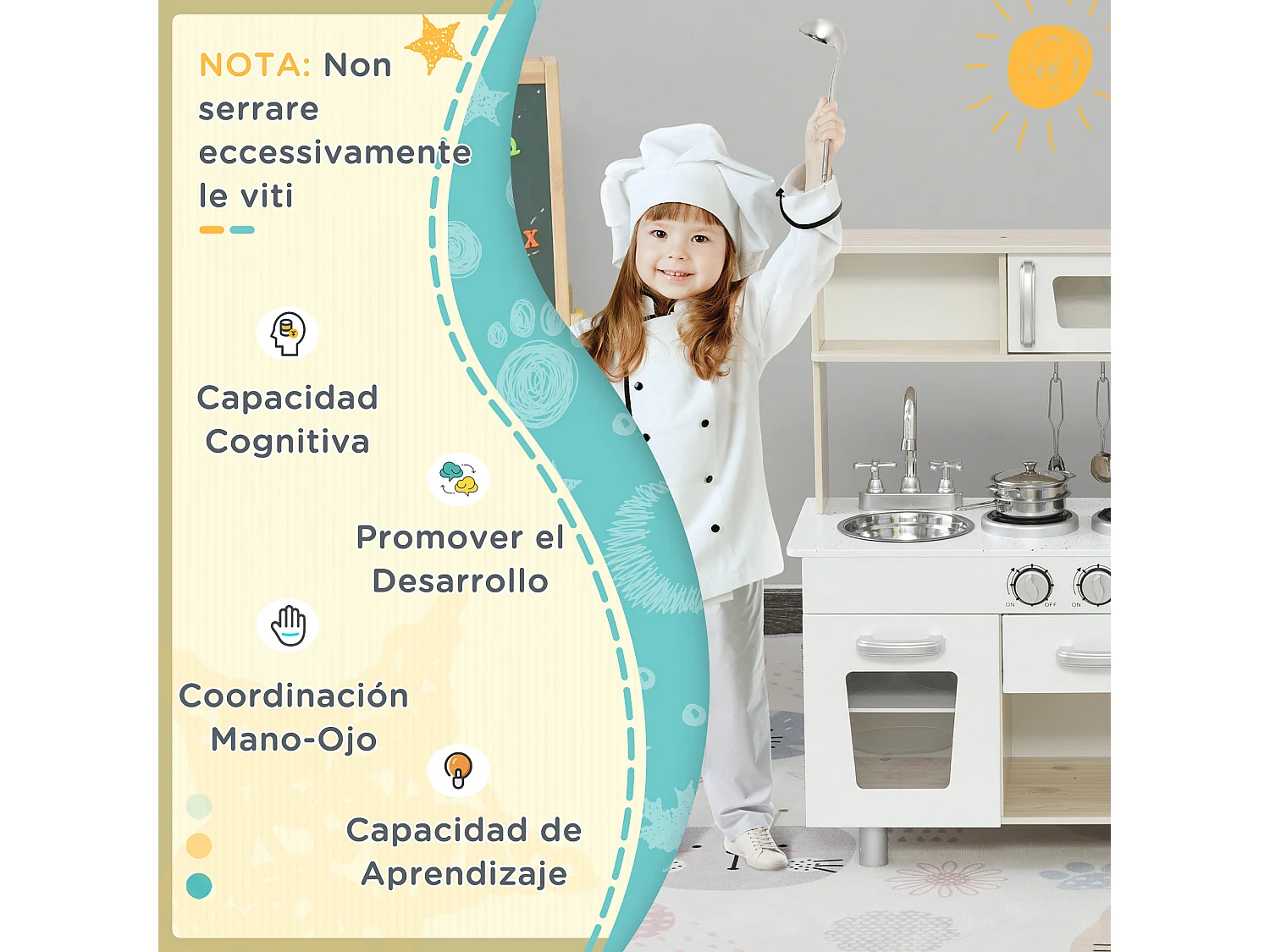 Cucina giocattolo in legno per bambini con utensili in acciaio