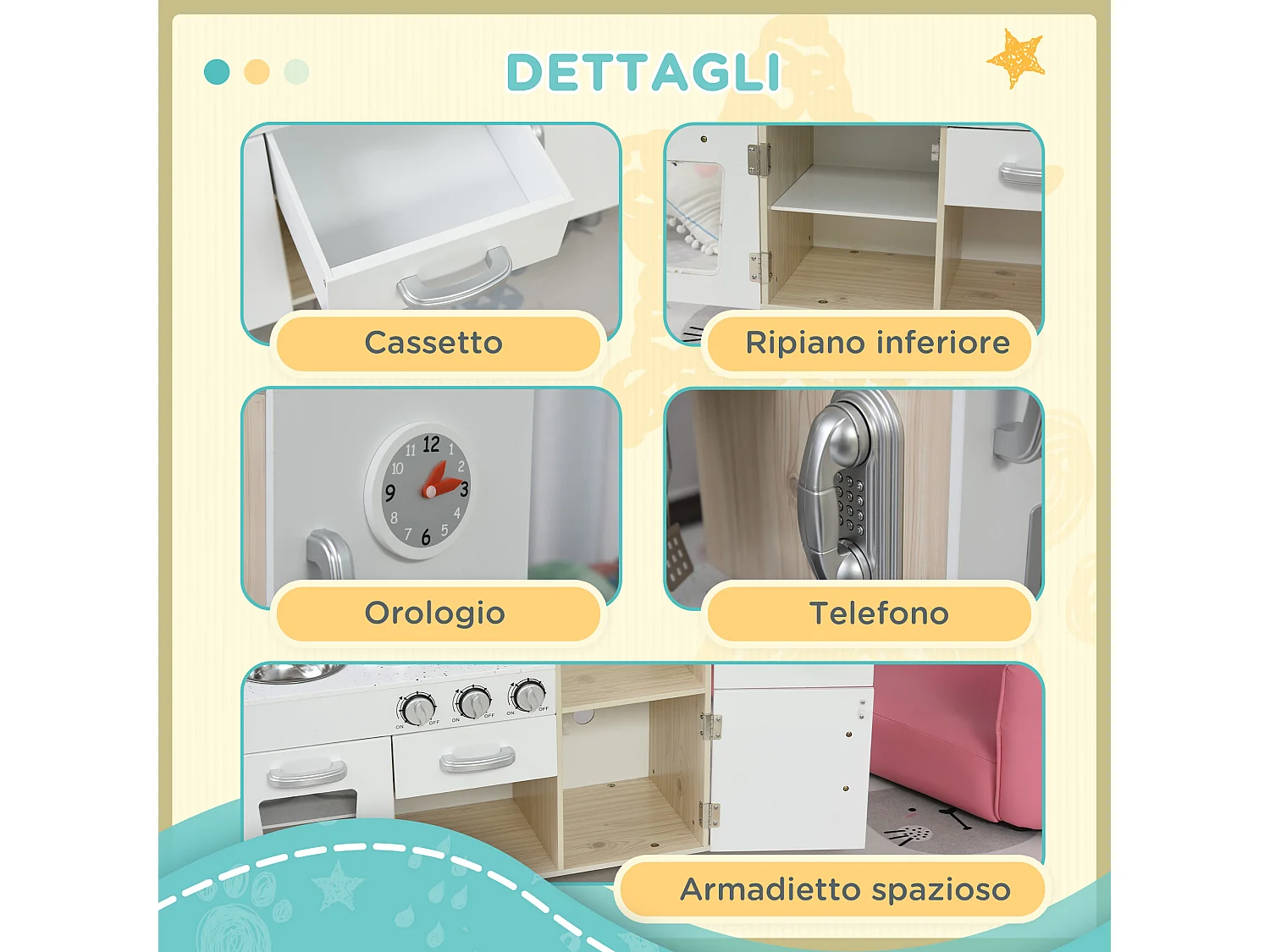Cucina giocattolo in legno per bambini con utensili in acciaio