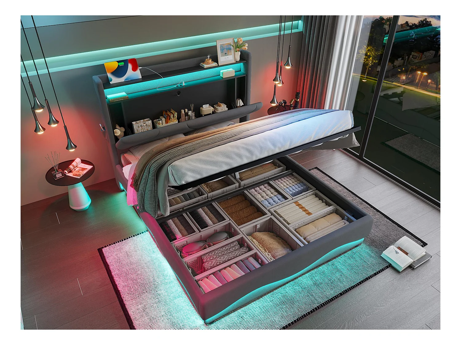 Modern opbergbed 160x200 - met sfeerverlichting, USB-lader en geïntegreerde boxen | Ideaal voor jongeren en volwassenen"