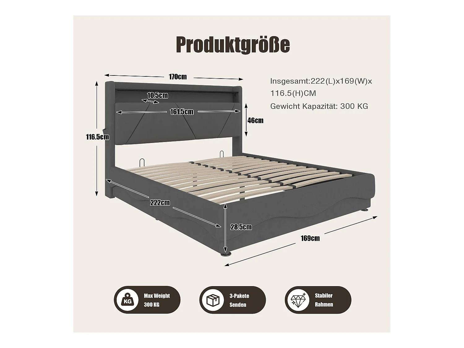 Modern opbergbed 160x200 - met sfeerverlichting, USB-lader en geïntegreerde boxen | Ideaal voor jongeren en volwassenen"