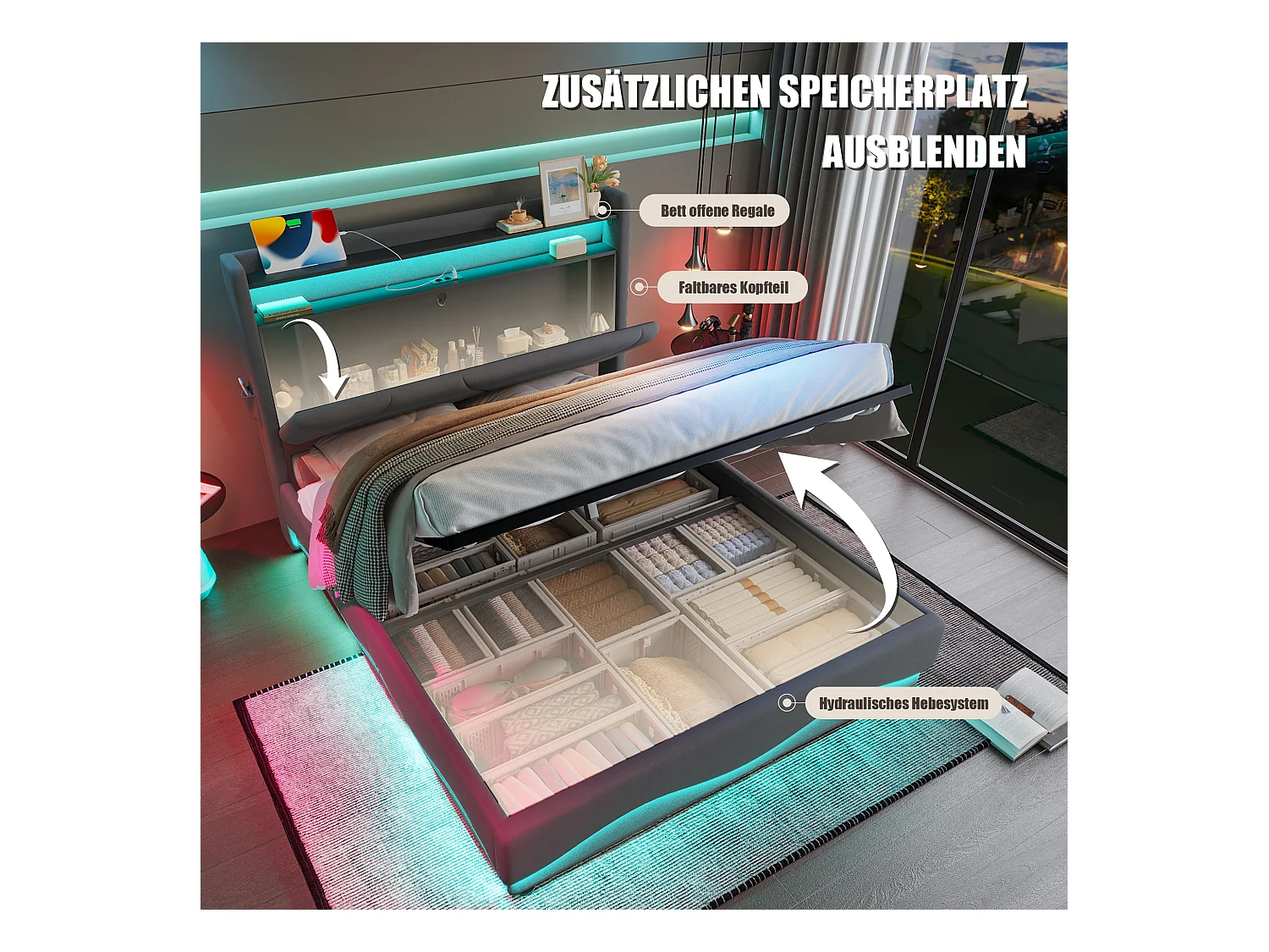 Modern opbergbed 160x200 - met sfeerverlichting, USB-lader en geïntegreerde boxen | Ideaal voor jongeren en volwassenen"