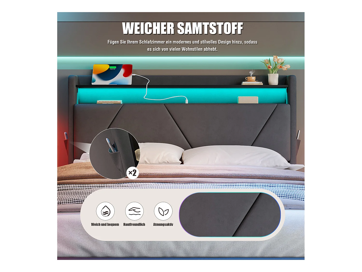 Modern opbergbed 160x200 - met sfeerverlichting, USB-lader en geïntegreerde boxen | Ideaal voor jongeren en volwassenen"