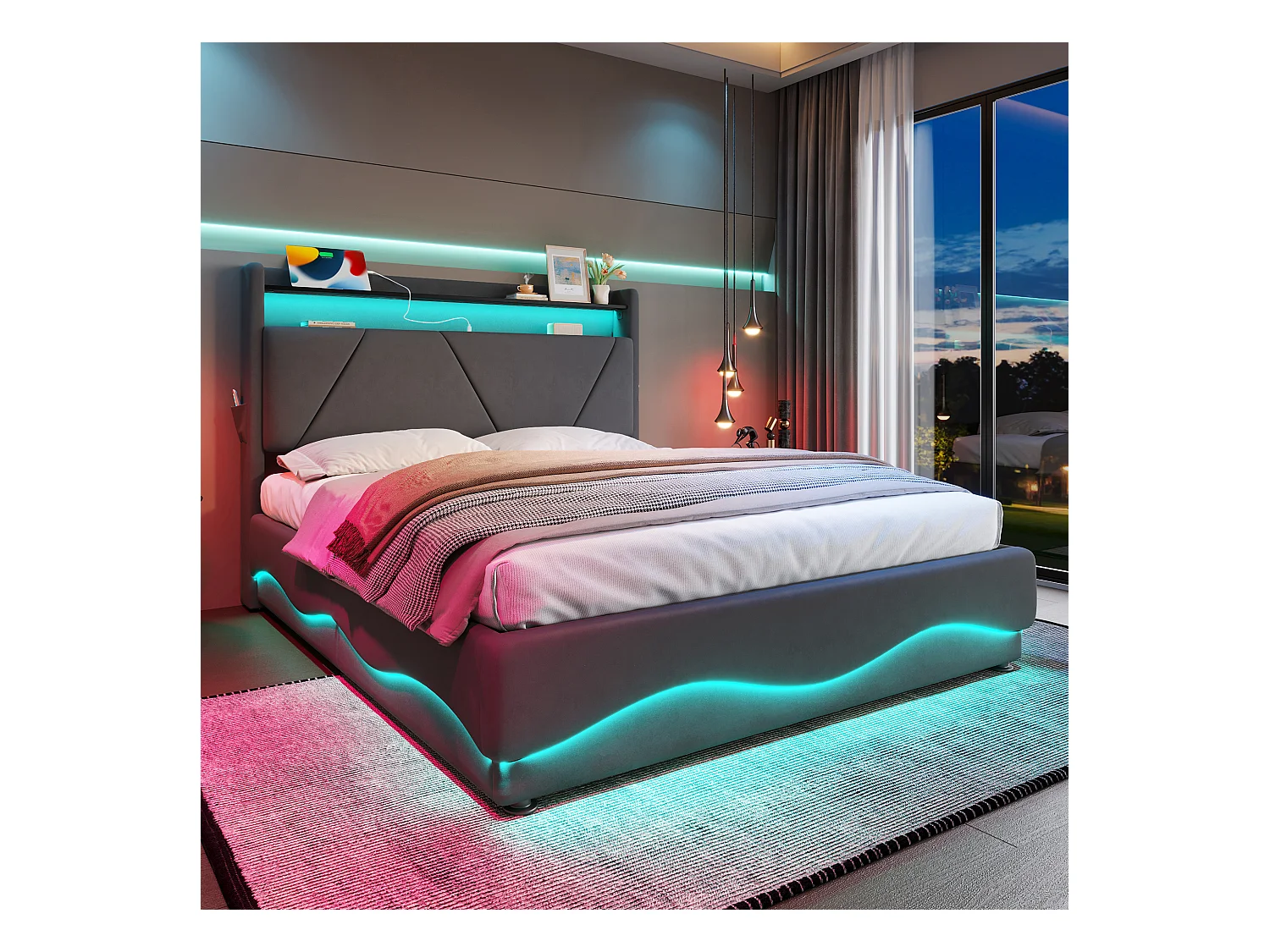 Modern opbergbed 160x200 - met sfeerverlichting, USB-lader en geïntegreerde boxen | Ideaal voor jongeren en volwassenen"