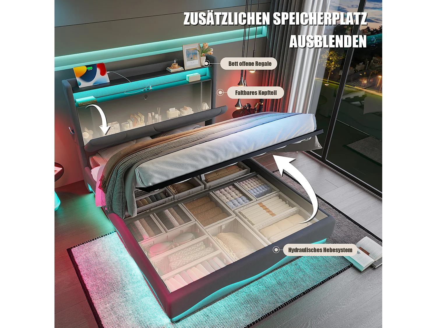 Modern opbergbed 160x200 - met sfeerverlichting, USB-lader en geïntegreerde boxen | Ideaal voor jongeren en volwassenen"