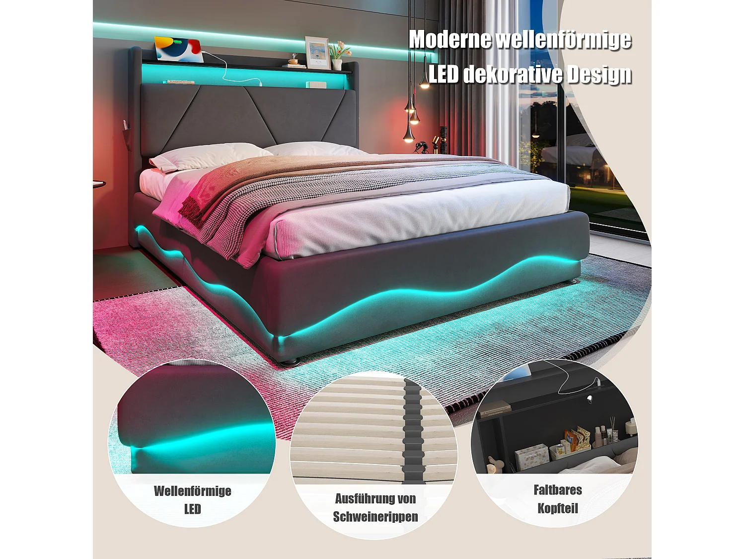 Modern opbergbed 160x200 - met sfeerverlichting, USB-lader en geïntegreerde boxen | Ideaal voor jongeren en volwassenen"