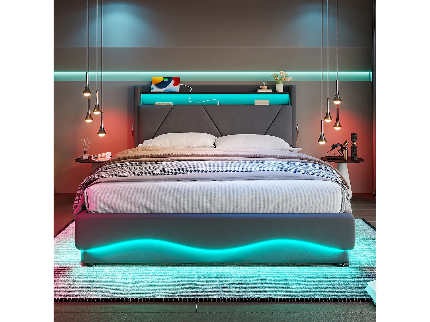 Modern opbergbed 160x200 - met sfeerverlichting, USB-lader en geïntegreerde boxen | Ideaal voor jongeren en volwassenen"