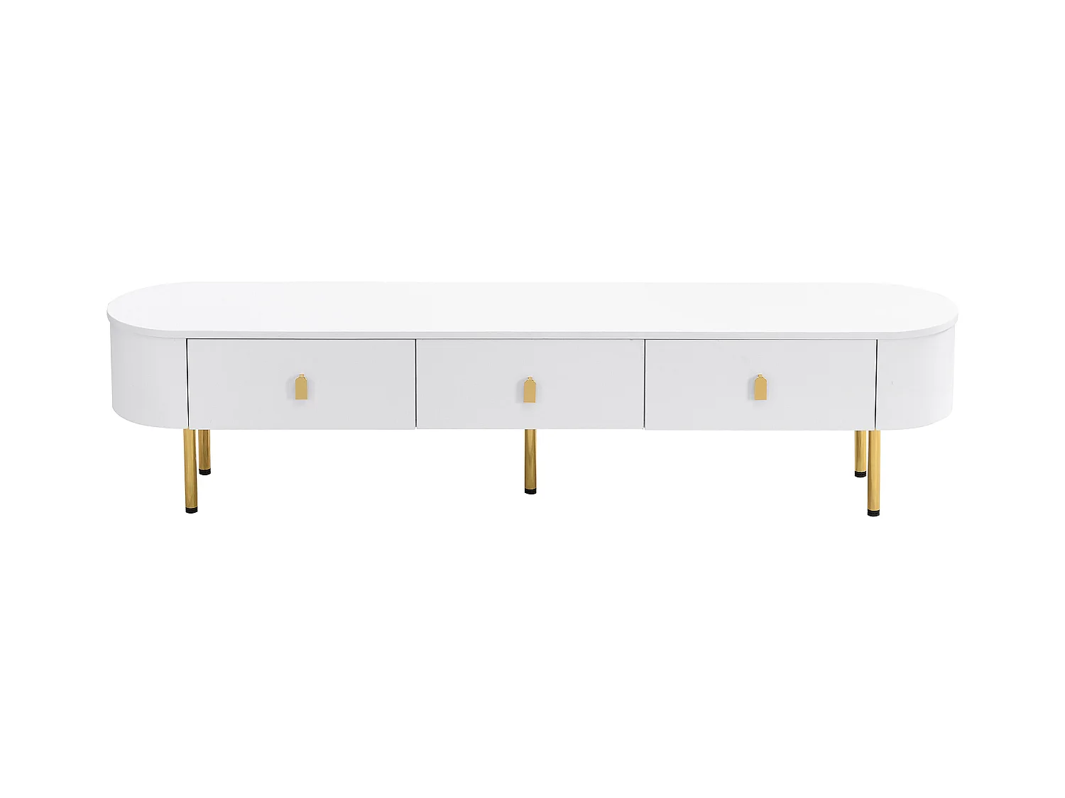 Ensemble meuble TV-table basse avec tiroirs et angles arrondis. Un design léger et luxueux pour le salon.