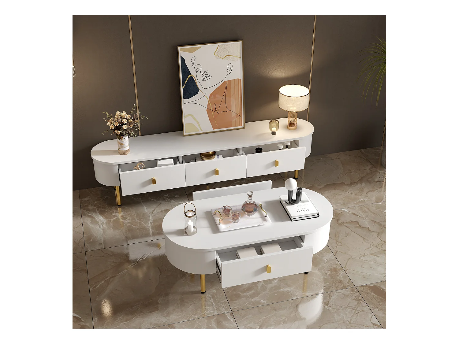 Ensemble meuble TV-table basse avec tiroirs et angles arrondis. Un design léger et luxueux pour le salon.