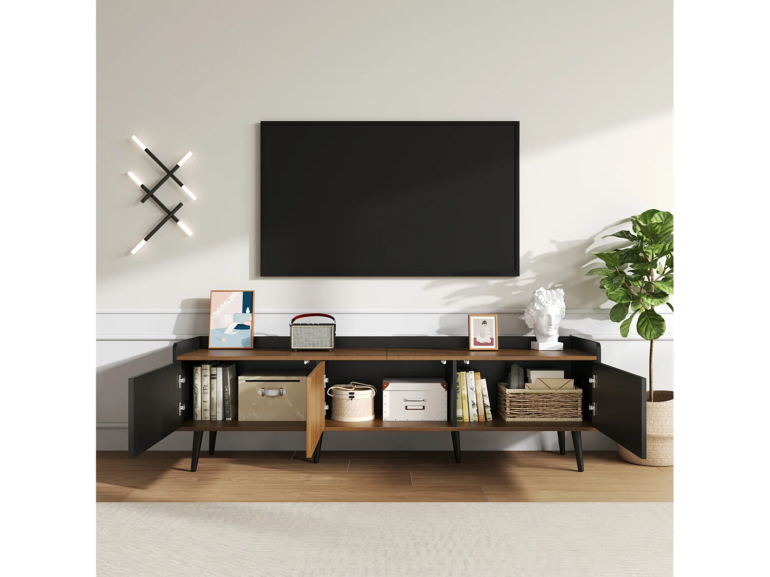 Meuble TV compact 3 portes. Finition noir/bois, 160 x 39 x 49,5 cm. Meuble bas pratique pour vos supports multimédia.