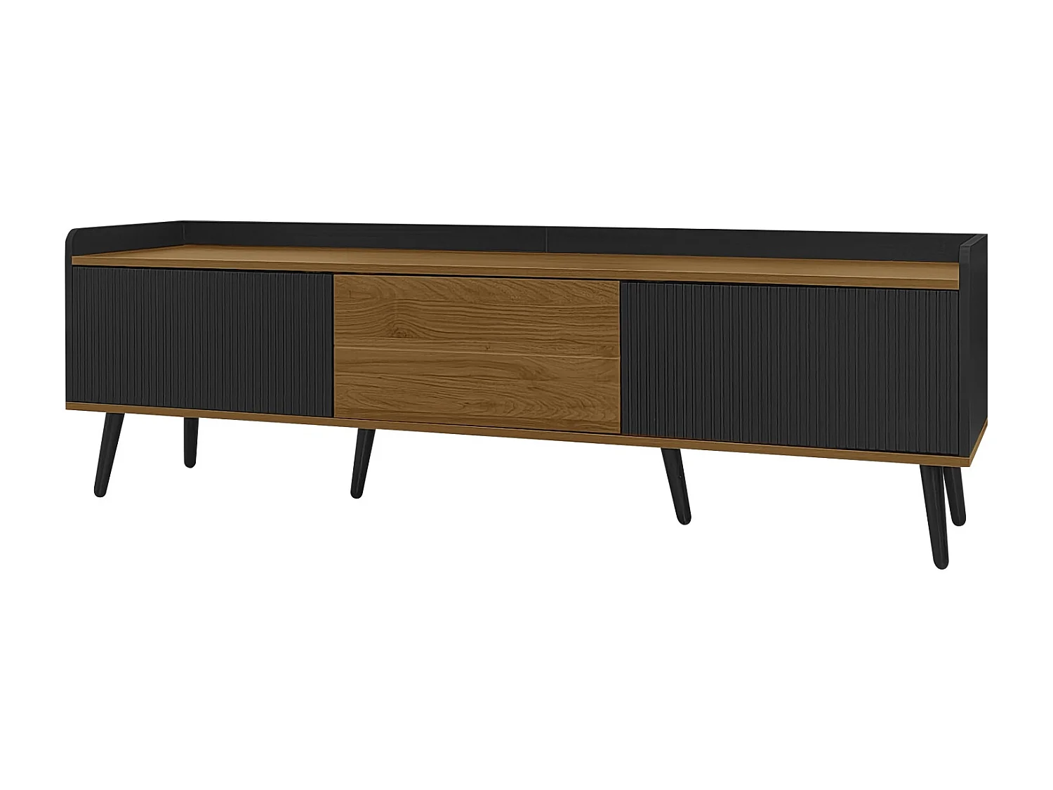 Meuble TV compact 3 portes. Finition noir/bois, 160 x 39 x 49,5 cm. Meuble bas pratique pour vos supports multimédia.