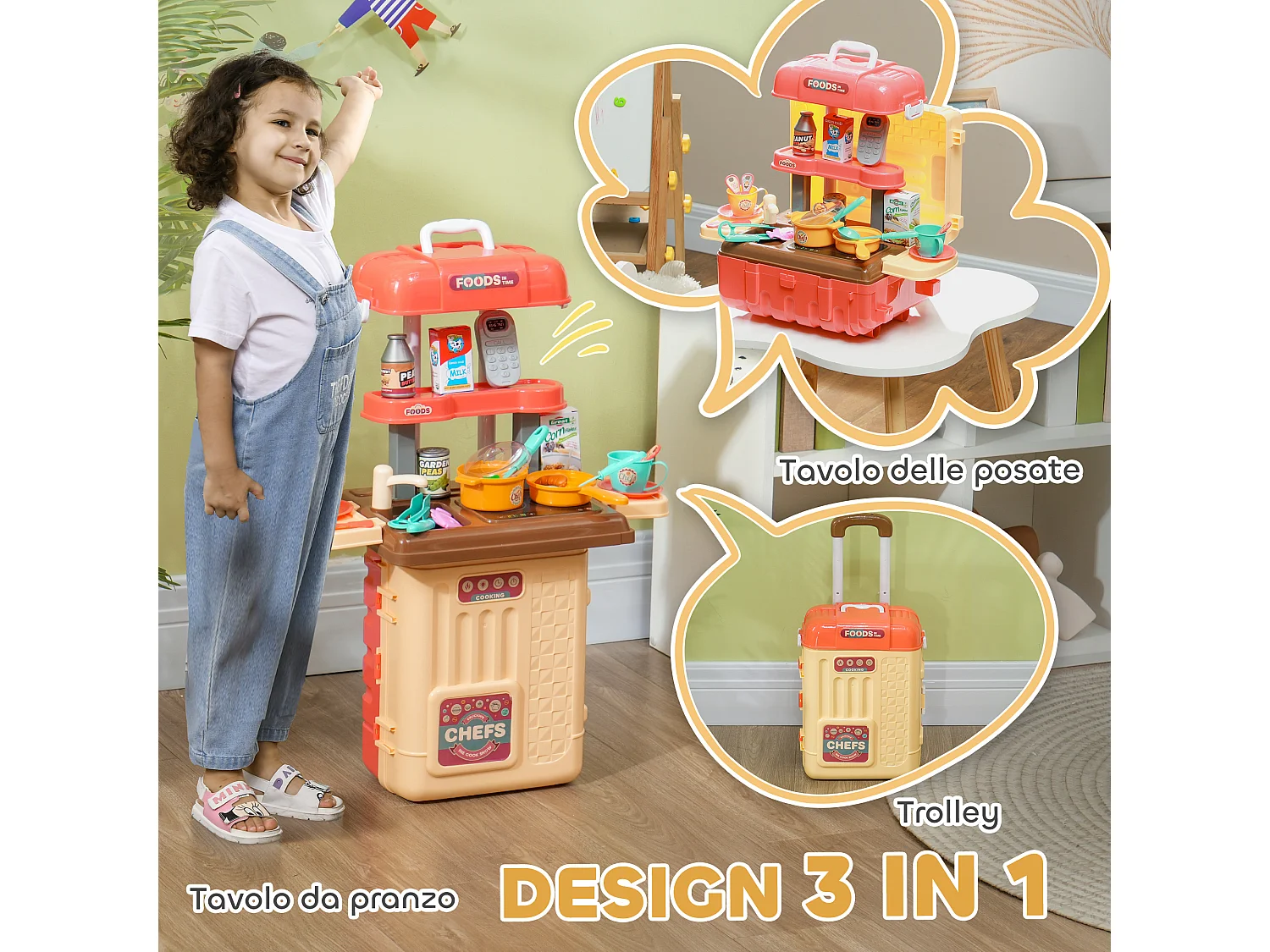 Cucina per bambini 3 in 1 da 36 pz in pp e abs 48x26x64 cm multicolore