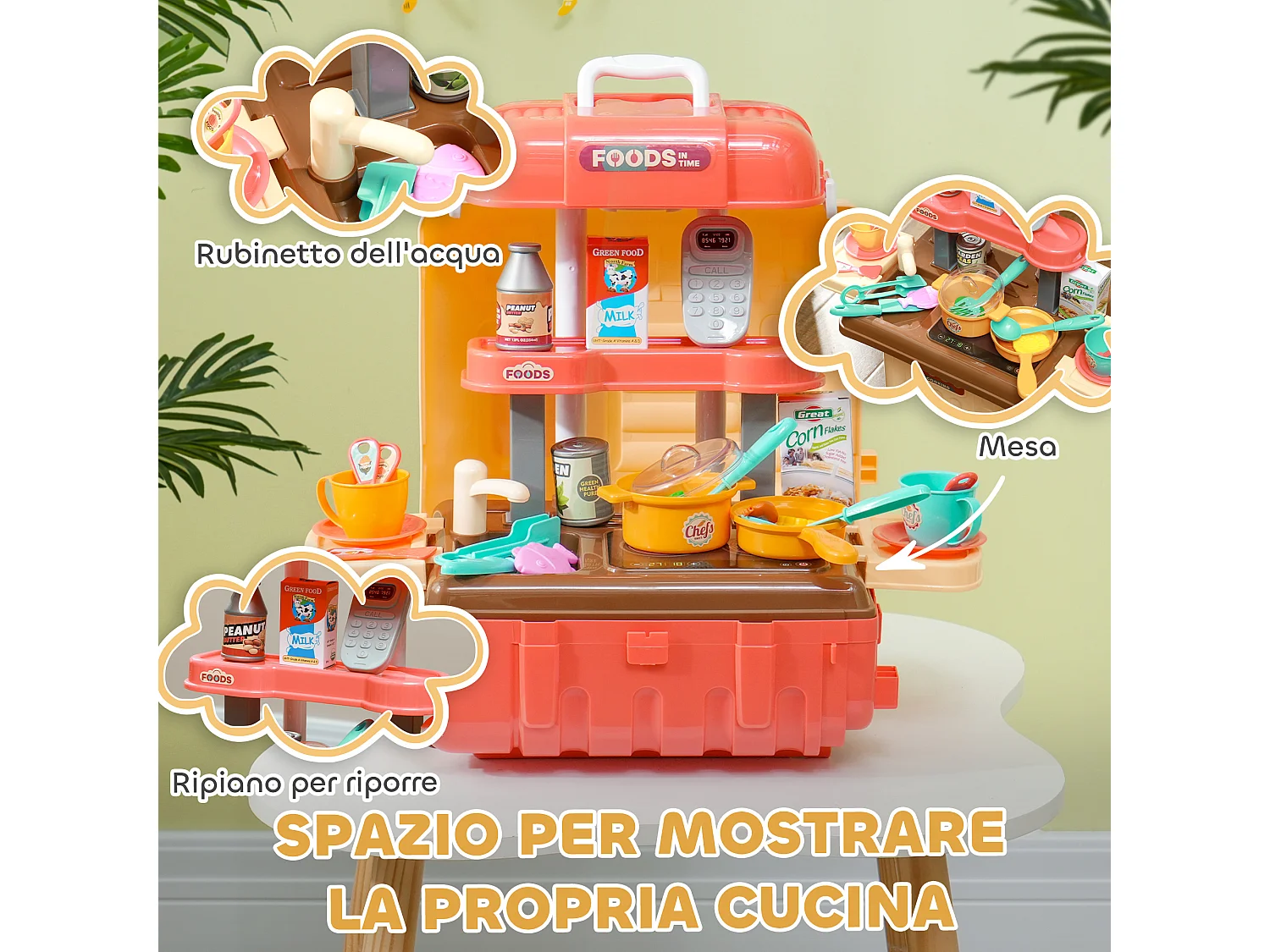 Cucina per bambini 3 in 1 da 36 pz in pp e abs 48x26x64 cm multicolore