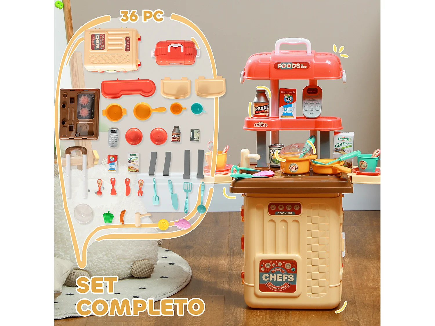 Cucina per bambini 3 in 1 da 36 pz in pp e abs 48x26x64 cm multicolore