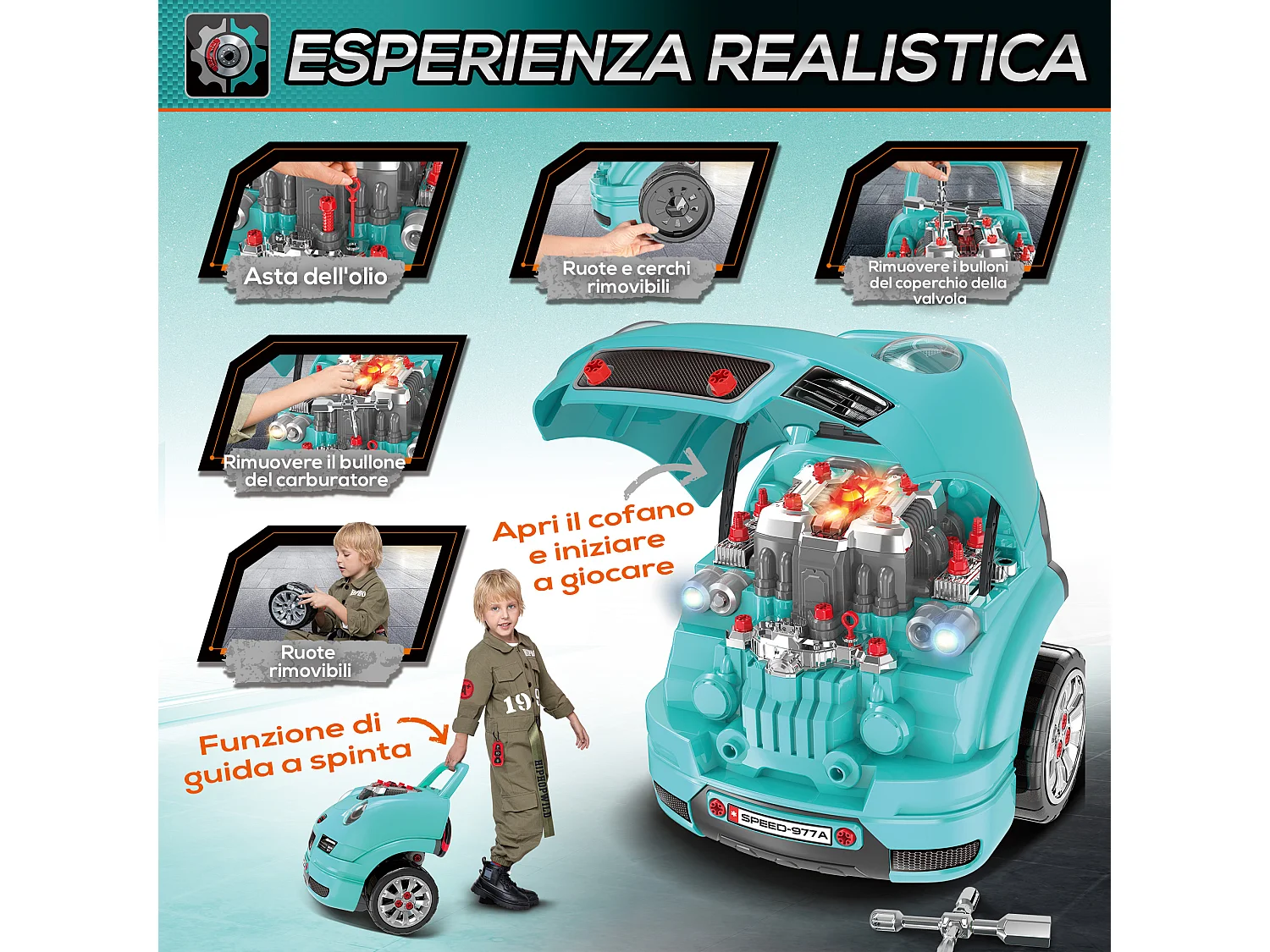 Officina camion giocattolo per bambini a 61pz in abs e pp nero azzurro