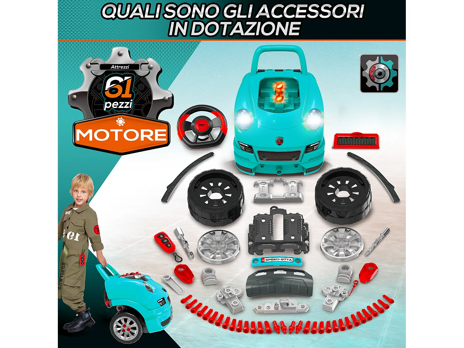 Officina camion giocattolo per bambini a 61pz in abs e pp nero azzurro