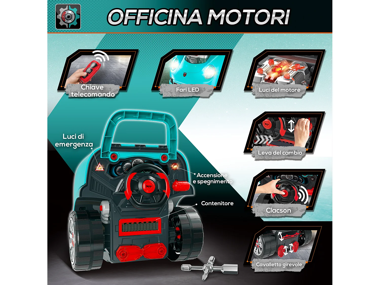 Officina camion giocattolo per bambini a 61pz in abs e pp nero azzurro