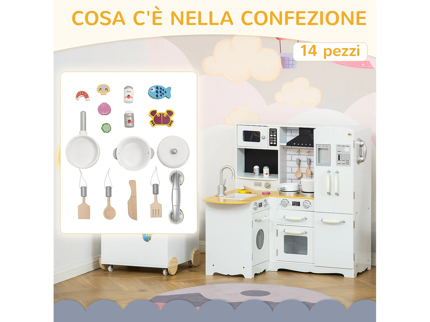Cucina giocattolo in legno per bambini da 3-6 anni 14 accessori